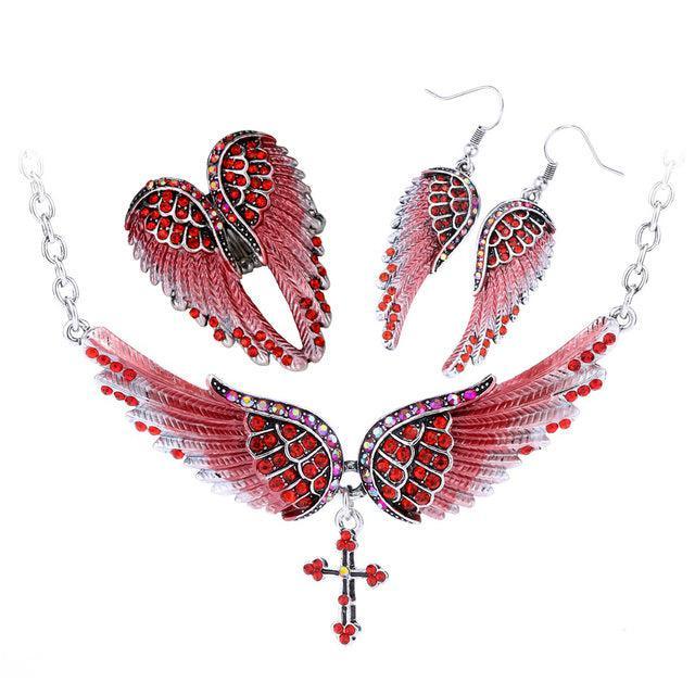 Elegant 3-Piece Angel Wing Jewelry Set with Crystal Accents - Lucid Fantasy 