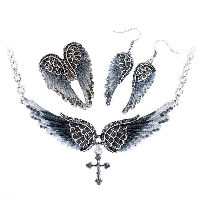 Elegant 3-Piece Angel Wing Jewelry Set with Crystal Accents - Lucid Fantasy 