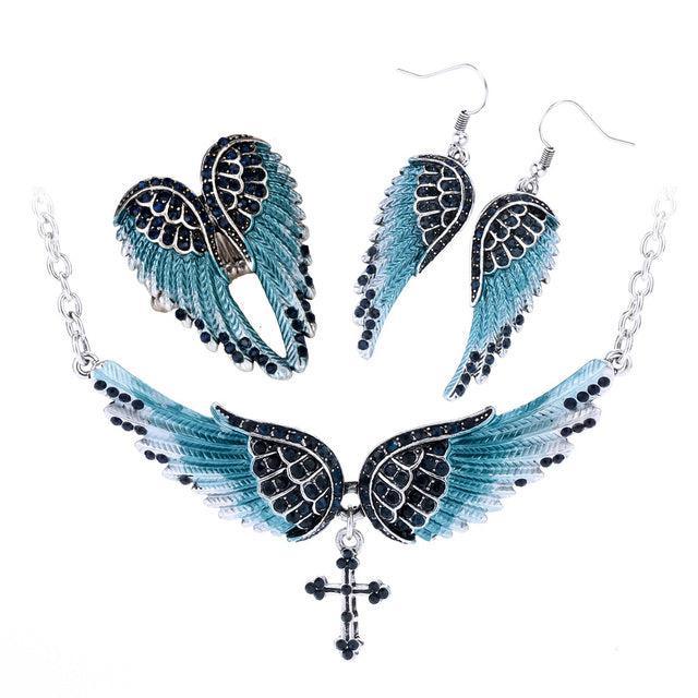 Elegant 3-Piece Angel Wing Jewelry Set with Crystal Accents - Lucid Fantasy 