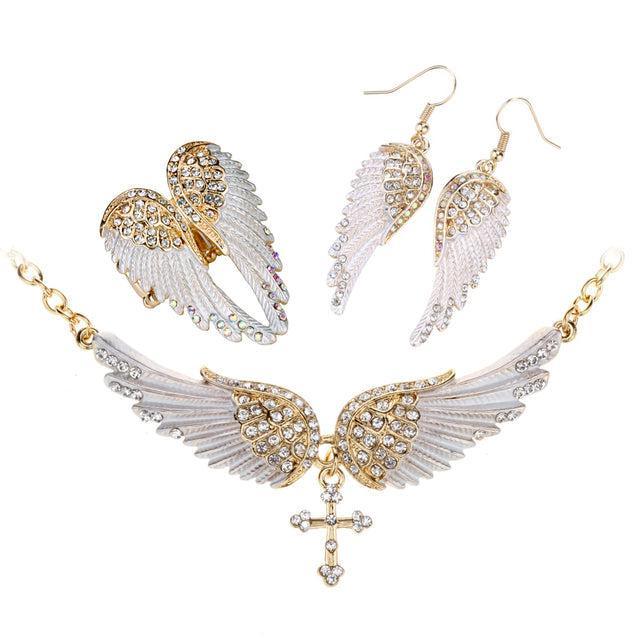 Elegant 3-Piece Angel Wing Jewelry Set with Crystal Accents - Lucid Fantasy 