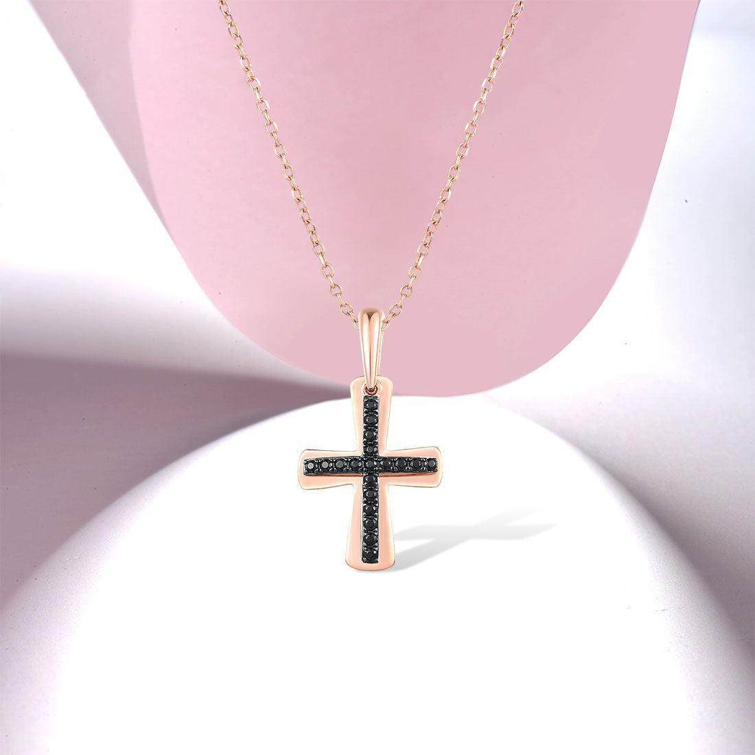 Elegant 9K Rose Gold Cross Pendant with Sparkling 0.19ct Black Spinel Pave - Lucid Fantasy 