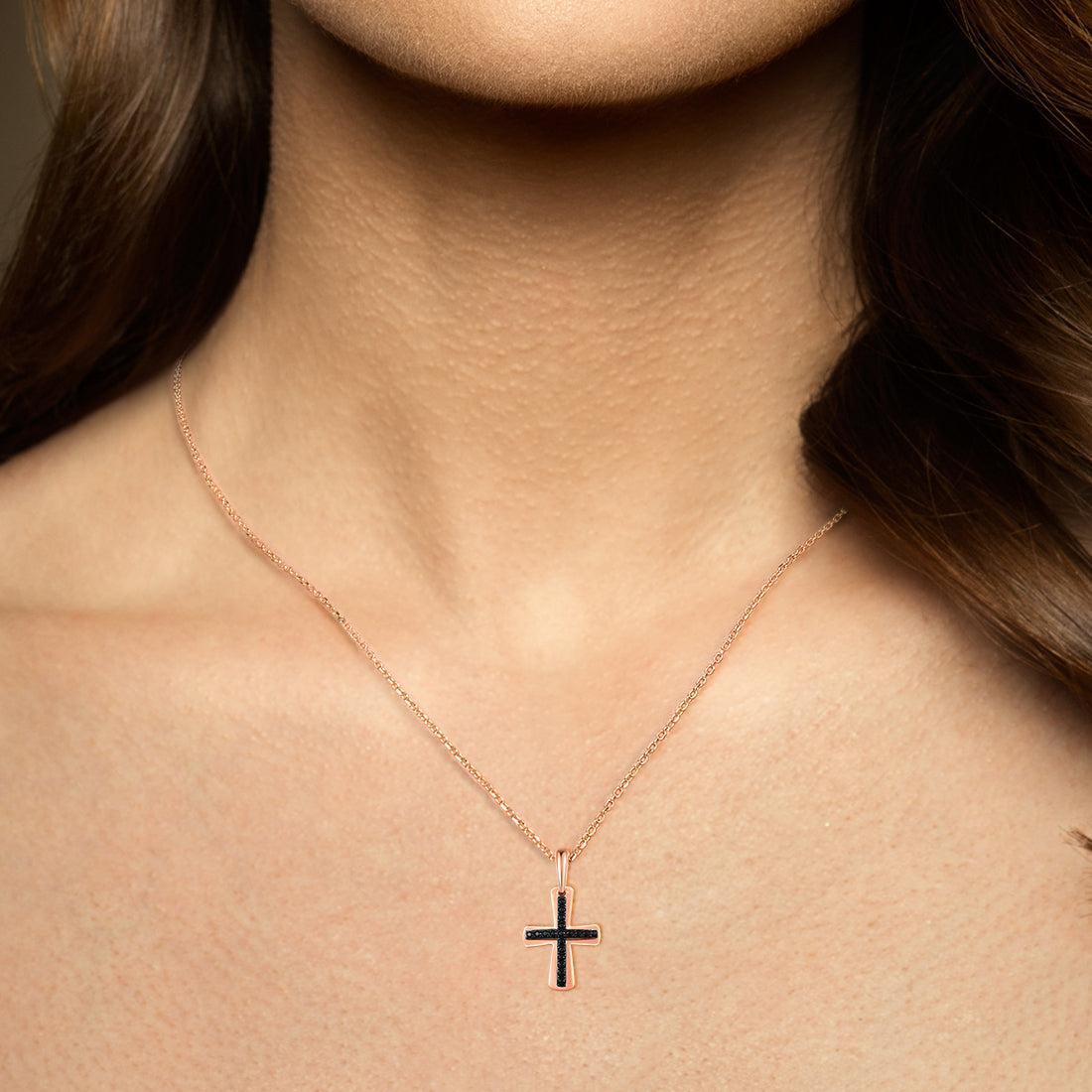 Elegant 9K Rose Gold Cross Pendant with Sparkling 0.19ct Black Spinel Pave - Lucid Fantasy 