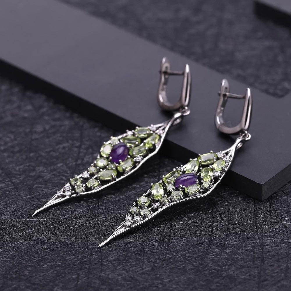 Elegant Amethyst and Peridot Sterling Silver Drop Earrings - Lucid Fantasy 