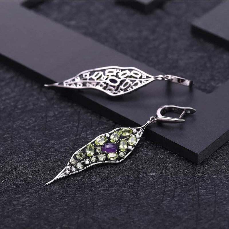 Elegant Amethyst and Peridot Sterling Silver Drop Earrings - Lucid Fantasy 