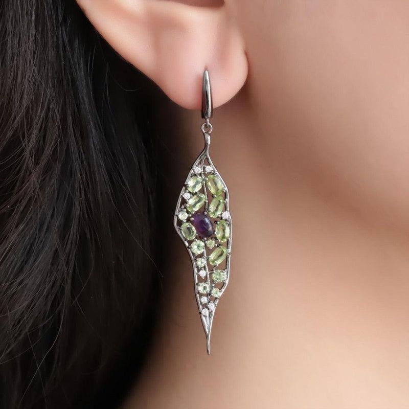 Elegant Amethyst and Peridot Sterling Silver Drop Earrings - Lucid Fantasy 