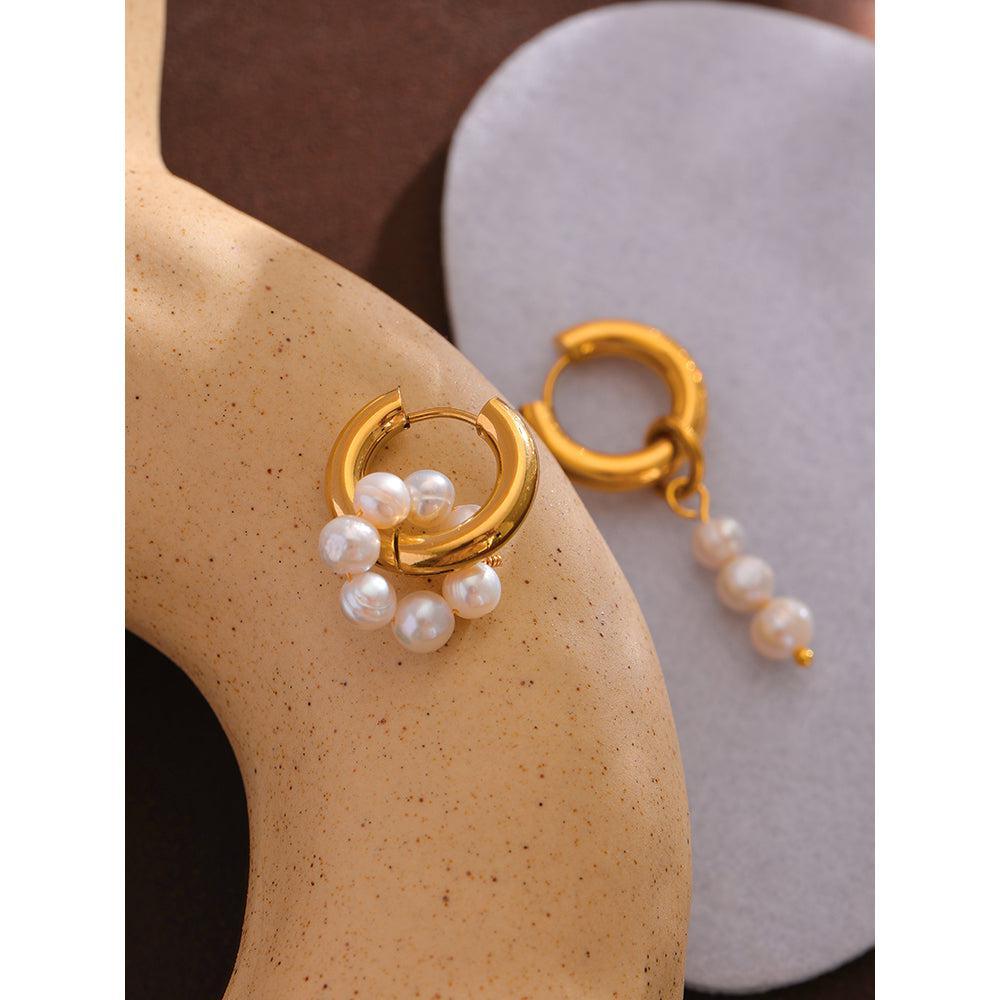 Elegant Asymmetric Gold Metallic Pearl Dangle Earrings - Lucid Fantasy 