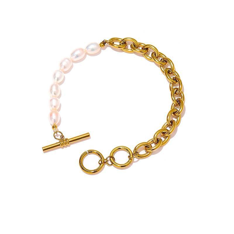 Elegant Asymmetrical Pearl & Gold Chain Bracelet - Lucid Fantasy 