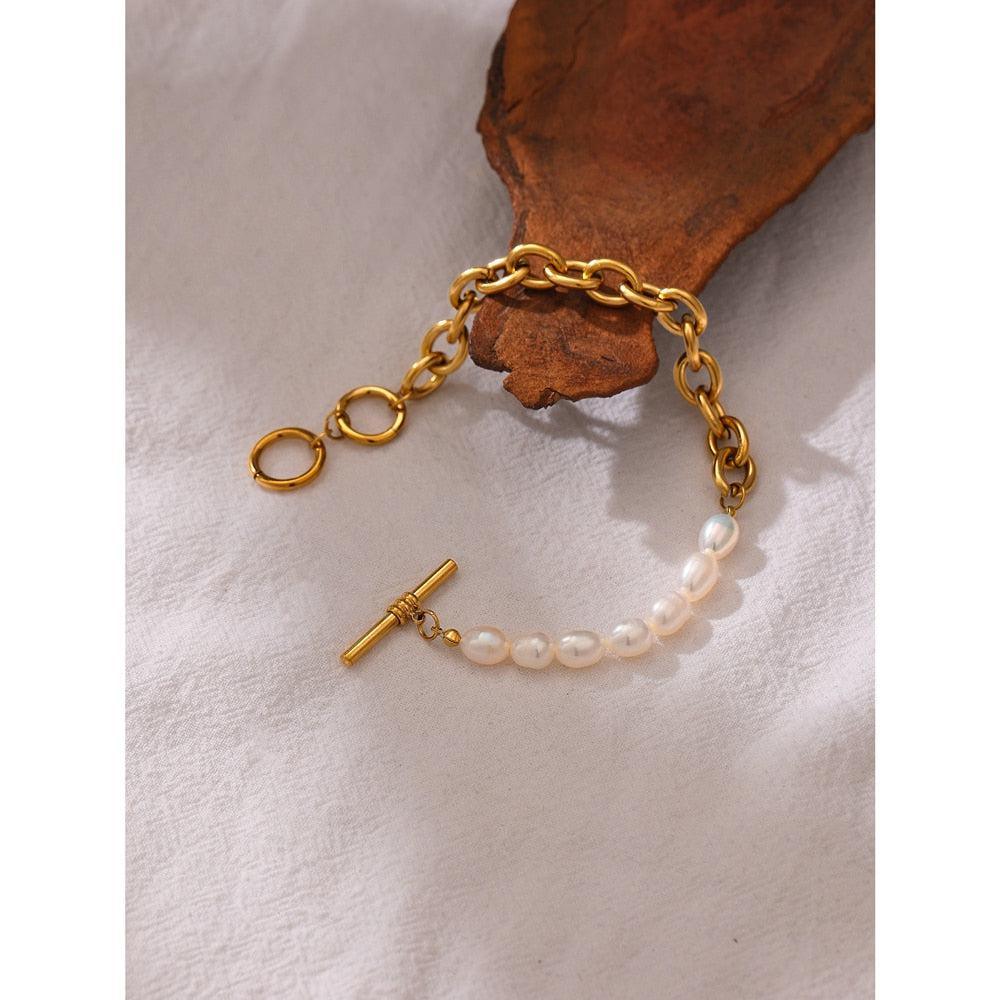 Elegant Asymmetrical Pearl & Gold Chain Bracelet - Lucid Fantasy 