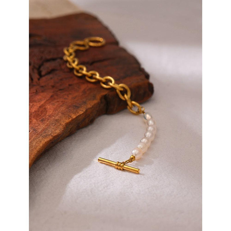 Elegant Asymmetrical Pearl & Gold Chain Bracelet - Lucid Fantasy 