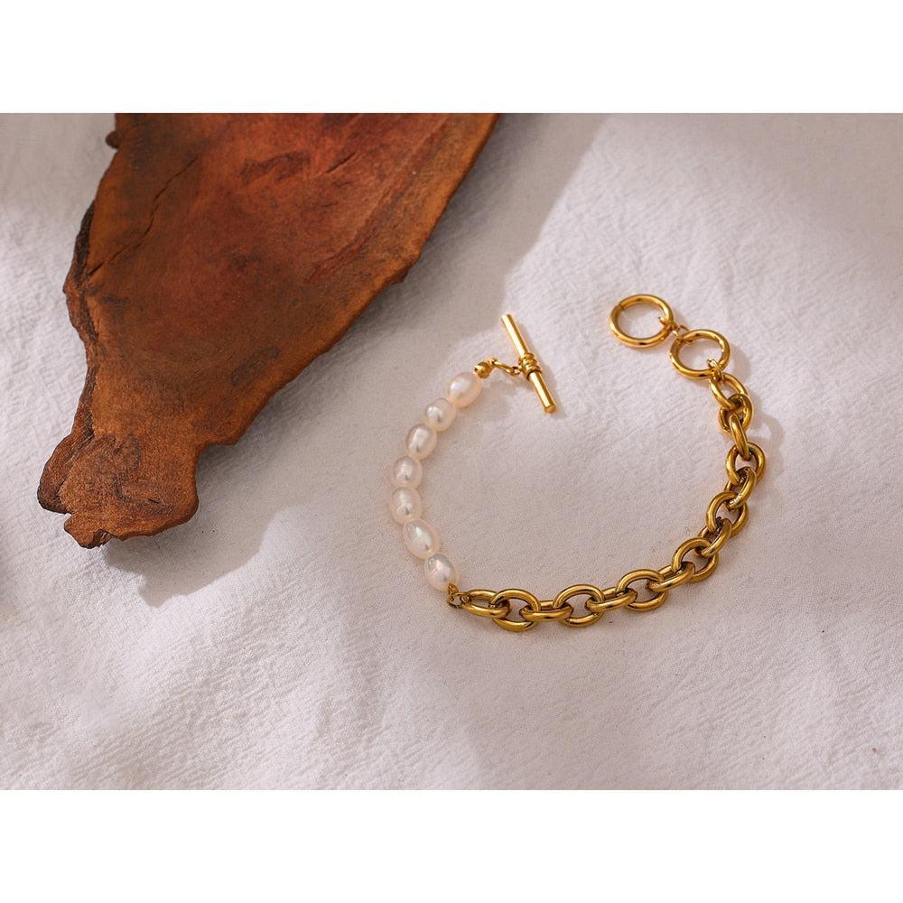 Elegant Asymmetrical Pearl & Gold Chain Bracelet - Lucid Fantasy 