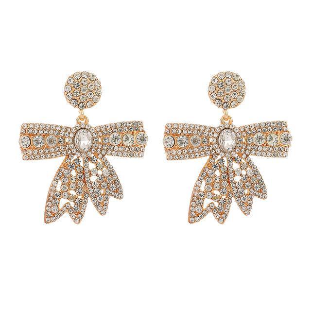 Elegant Crystal Bowknot Dangle Earrings with Rhinestone Accents - Lucid Fantasy 