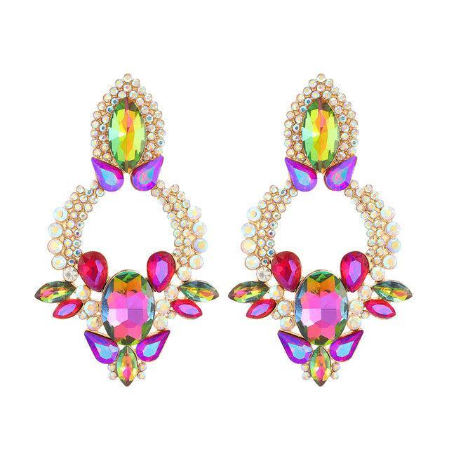 Elegant Geometric Crystal Hoop Drop Earrings with Multi Gemstones - Lucid Fantasy 