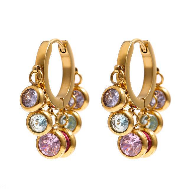 Elegant Gold Plated Multi-Gem Dangle Hoop Earrings with Zircon Accents - Lucid Fantasy 