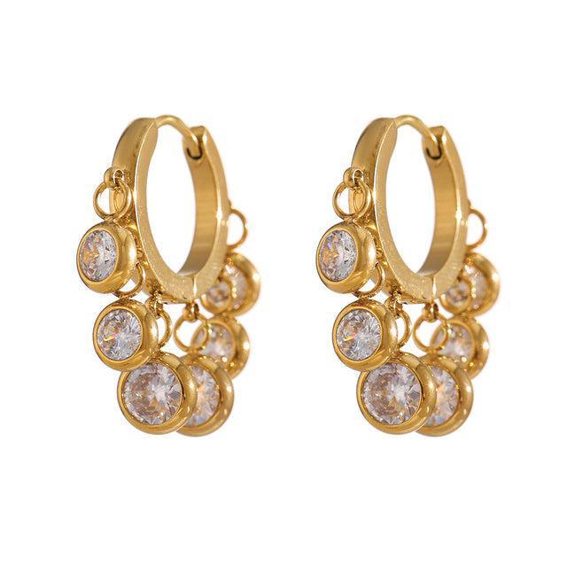 Elegant Gold Plated Multi-Gem Dangle Hoop Earrings with Zircon Accents - Lucid Fantasy 