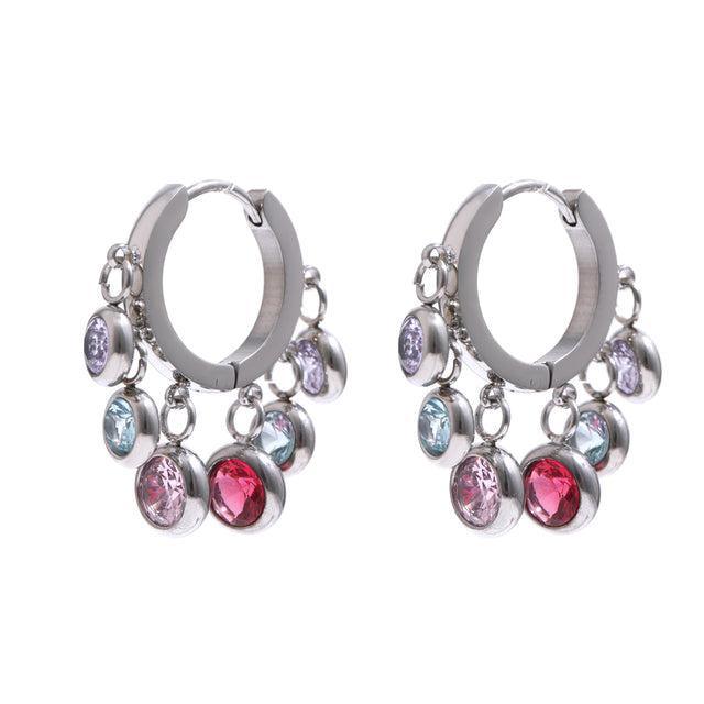 Elegant Gold Plated Multi-Gem Dangle Hoop Earrings with Zircon Accents - Lucid Fantasy 