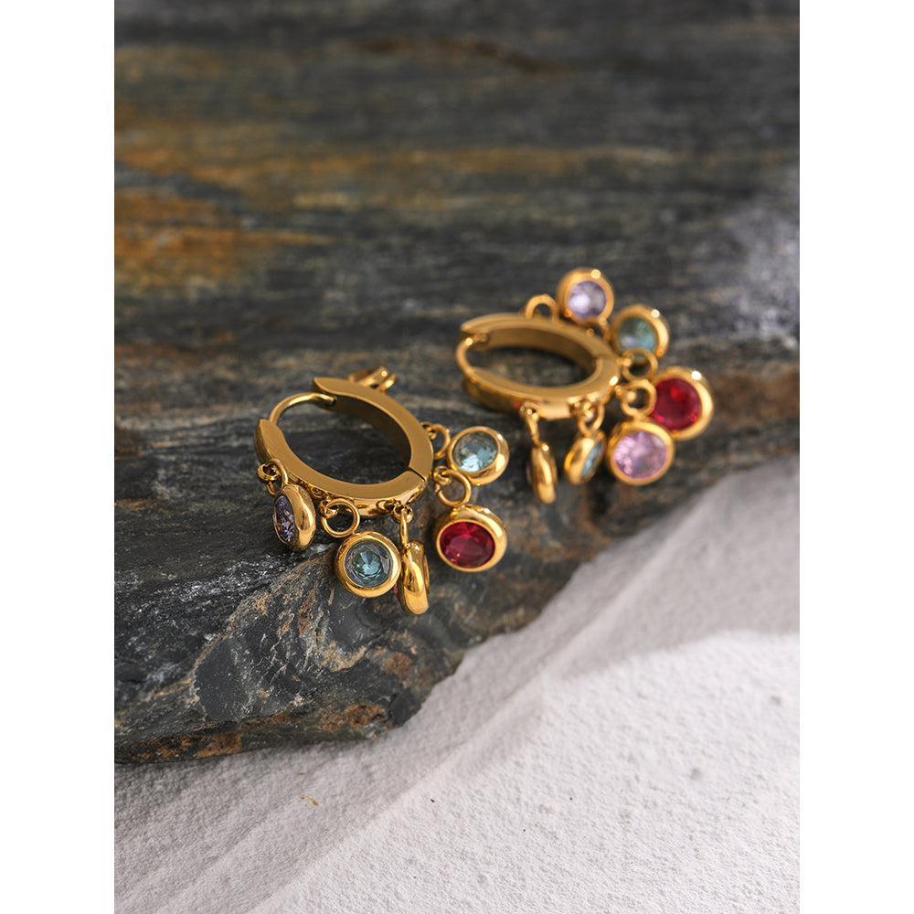 Elegant Gold Plated Multi-Gem Dangle Hoop Earrings with Zircon Accents - Lucid Fantasy 