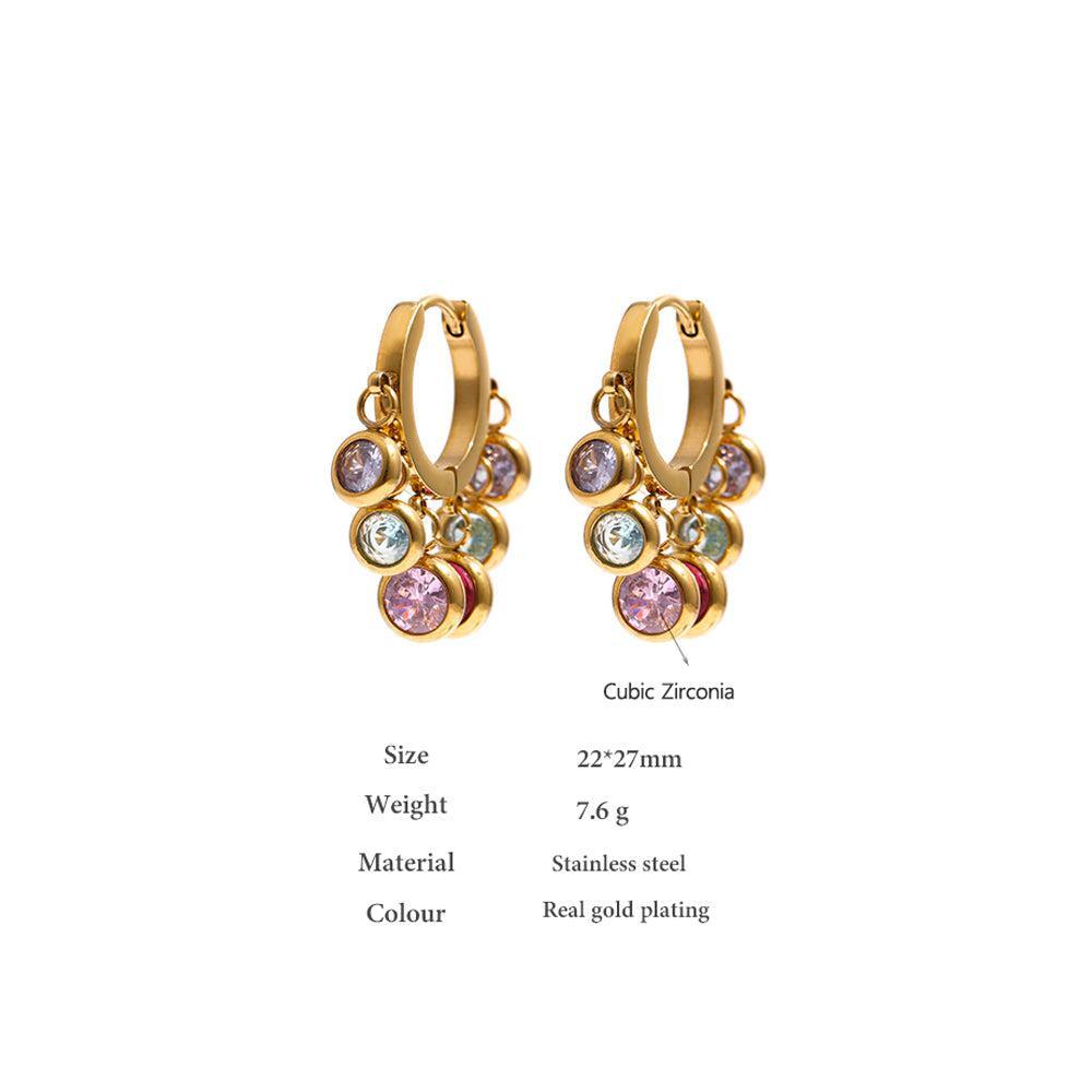 Elegant Gold Plated Multi-Gem Dangle Hoop Earrings with Zircon Accents - Lucid Fantasy 