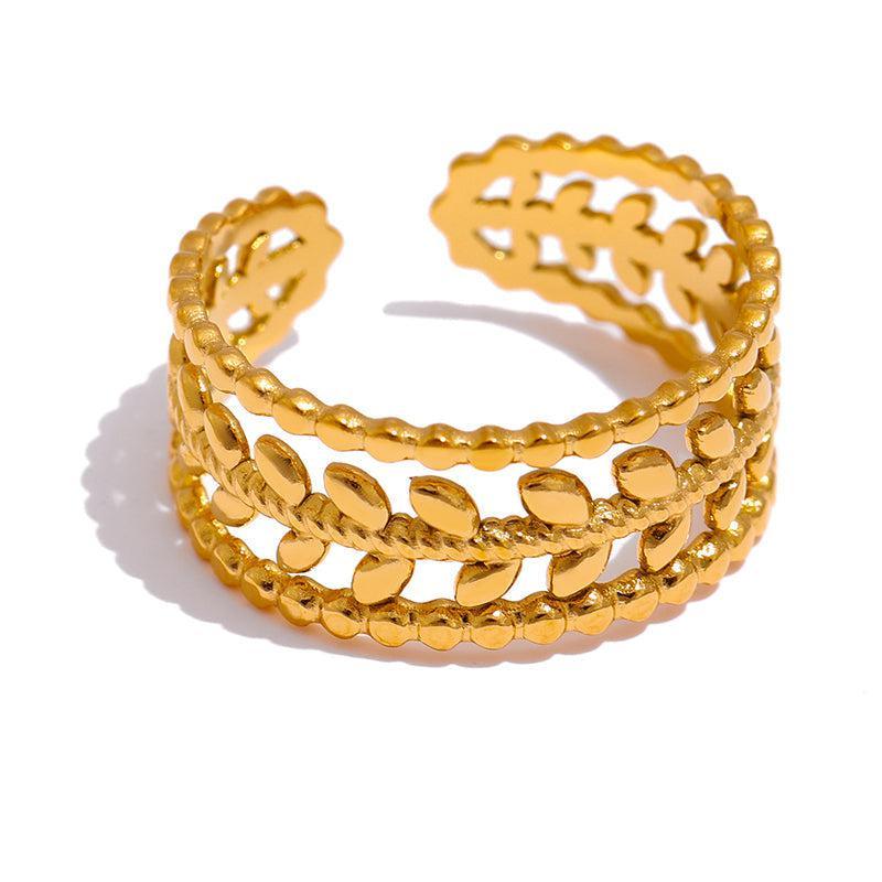 Elegant Golden Bohemian Open-Cut Leaf Cuff Ring - Lucid Fantasy 