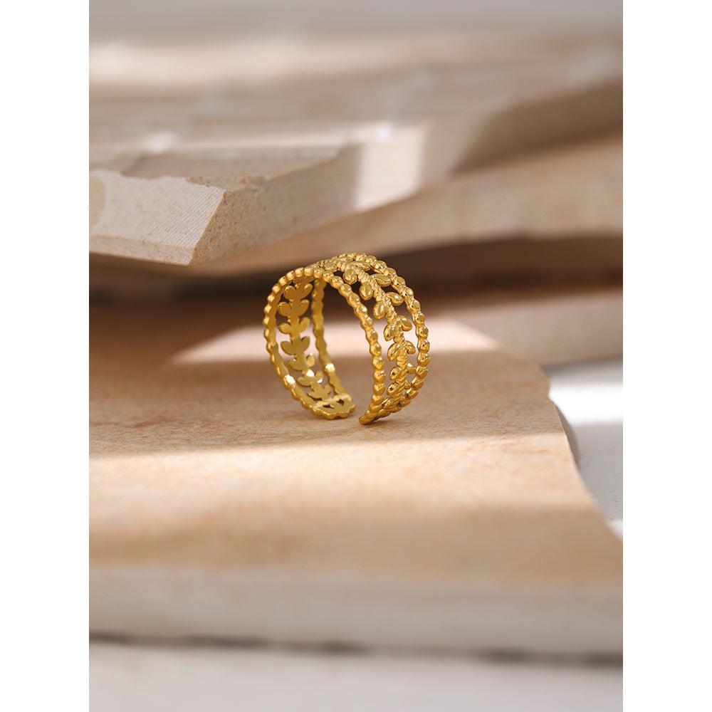 Elegant Golden Bohemian Open-Cut Leaf Cuff Ring - Lucid Fantasy 