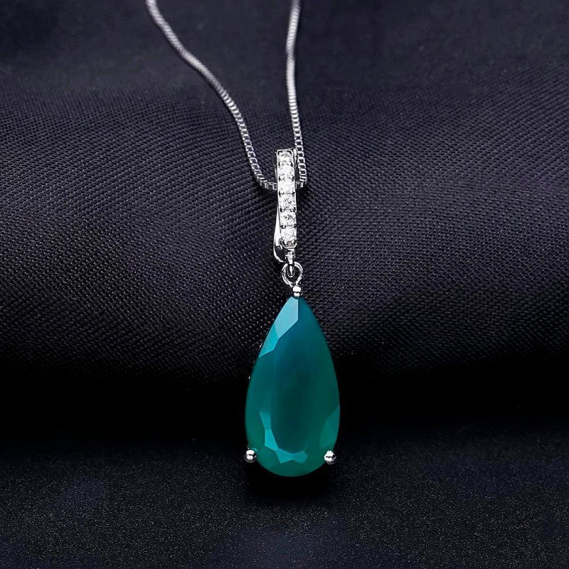 Elegant Green Agate and Cubic Zirconia Silver Pendant Necklace - Lucid Fantasy 