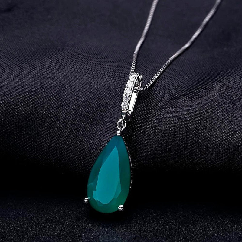 Elegant Green Agate and Cubic Zirconia Silver Pendant Necklace - Lucid Fantasy 