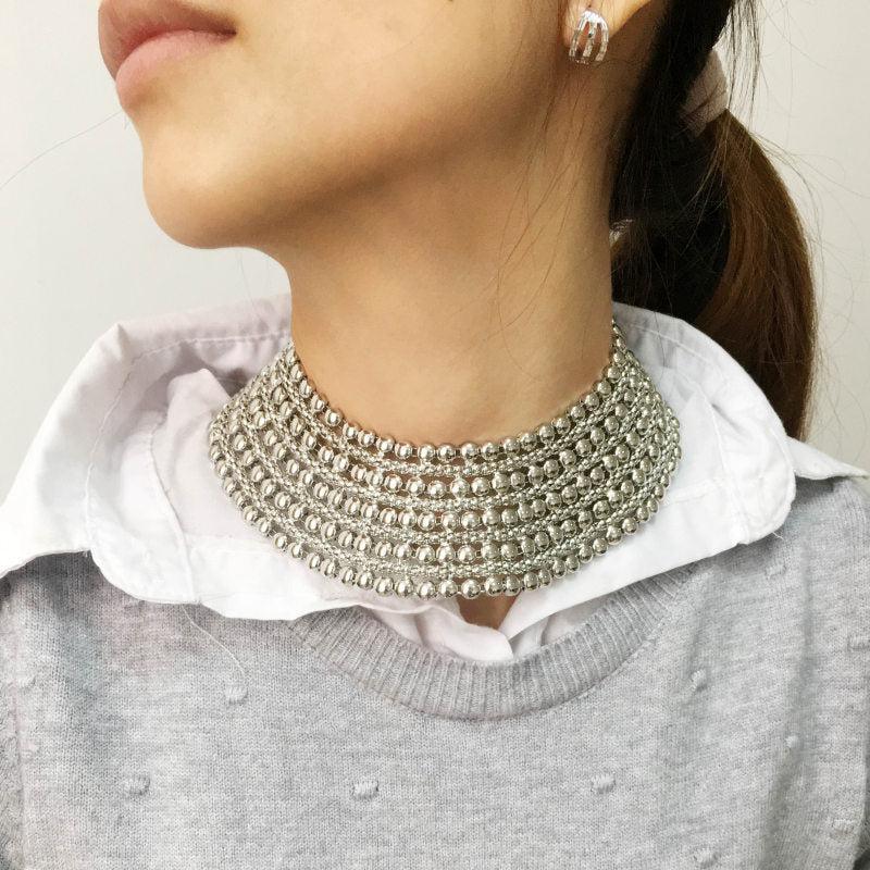 Elegant Metallic Beaded Wide Collar Necklace - Lucid Fantasy 