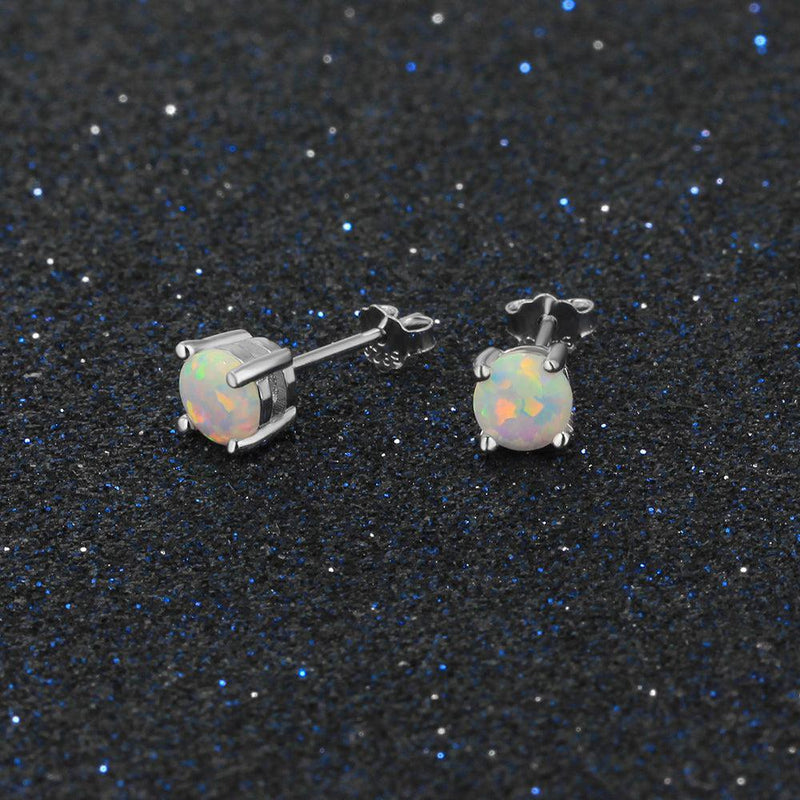 Elegant Opal Round Stud Earrings in Sterling Silver - 5mm Gemstone Jewelry - Lucid Fantasy 