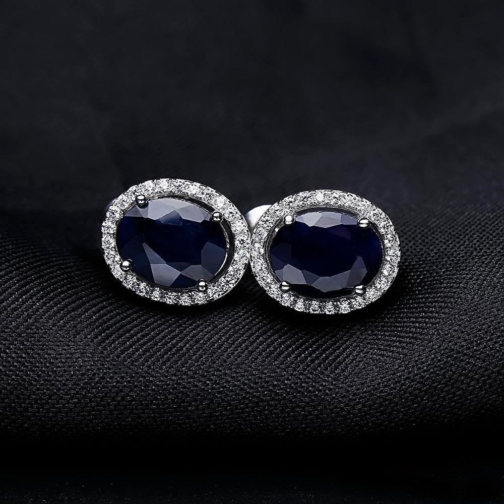 Elegant Oval Blue Sapphire and Cubic Zirconia Stud Earrings in Sterling Silver - Lucid Fantasy 