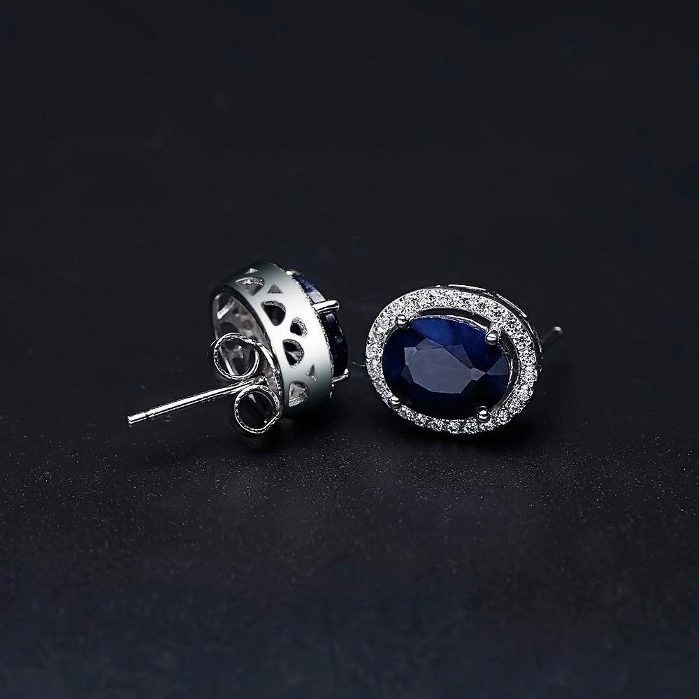 Elegant Oval Blue Sapphire and Cubic Zirconia Stud Earrings in Sterling Silver - Lucid Fantasy 