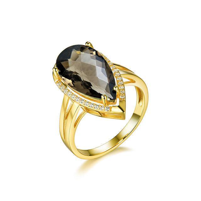 Elegant Pear Cut Smoky Quartz Statement Ring in Sterling Silver and Gold - Lucid Fantasy 