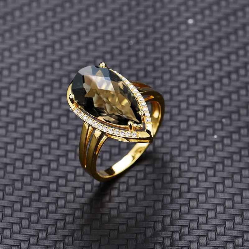 Elegant Pear Cut Smoky Quartz Statement Ring in Sterling Silver and Gold - Lucid Fantasy 