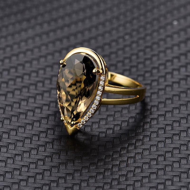 Elegant Pear Cut Smoky Quartz Statement Ring in Sterling Silver and Gold - Lucid Fantasy 