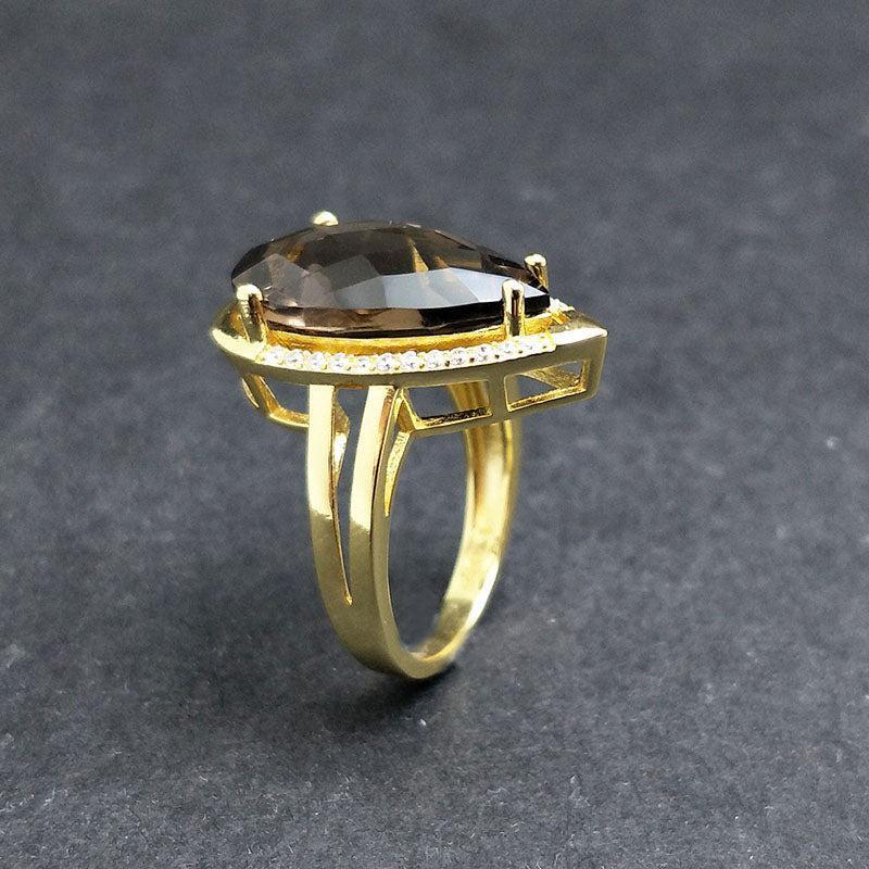 Elegant Pear Cut Smoky Quartz Statement Ring in Sterling Silver and Gold - Lucid Fantasy 