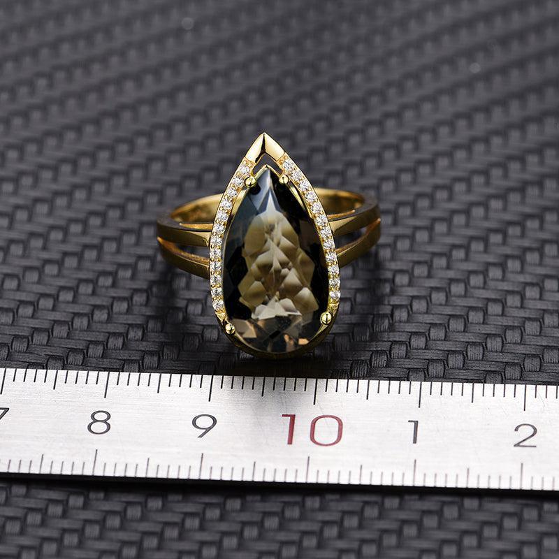 Elegant Pear Cut Smoky Quartz Statement Ring in Sterling Silver and Gold - Lucid Fantasy 