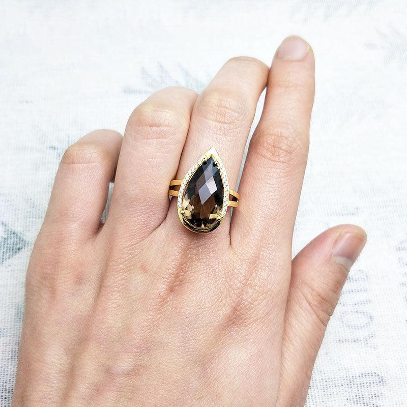 Elegant Pear Cut Smoky Quartz Statement Ring in Sterling Silver and Gold - Lucid Fantasy 