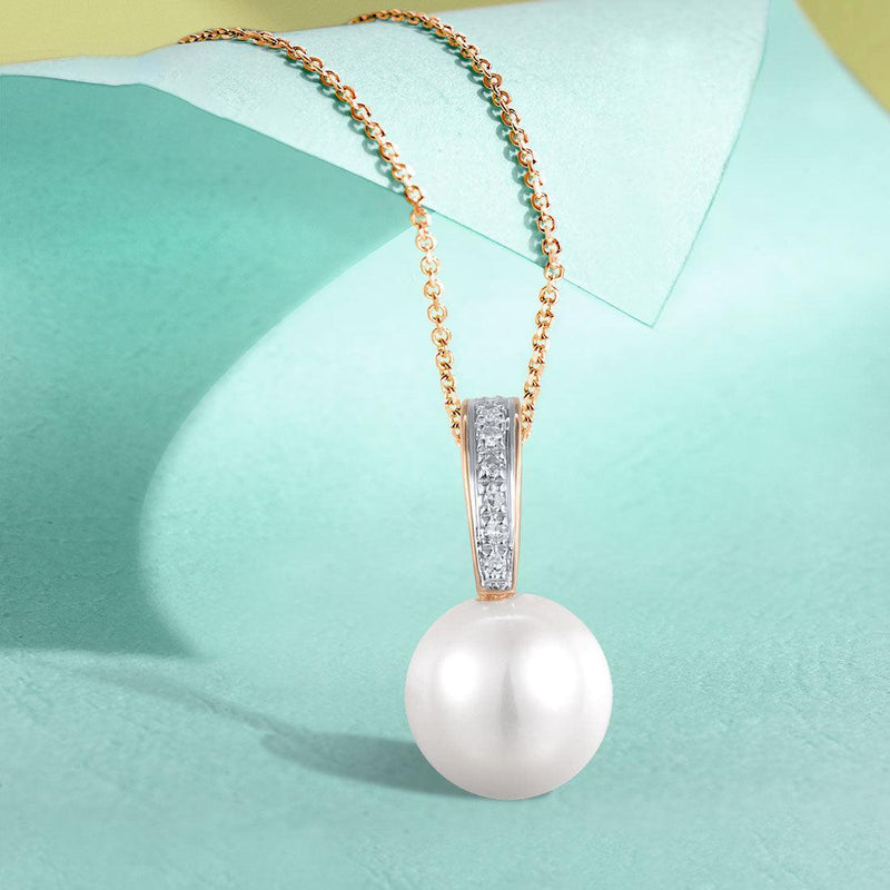 Elegant Rose Gold (14k) Pendant Necklace with Diamond Accents and Freshwater Pearl - Lucid Fantasy 