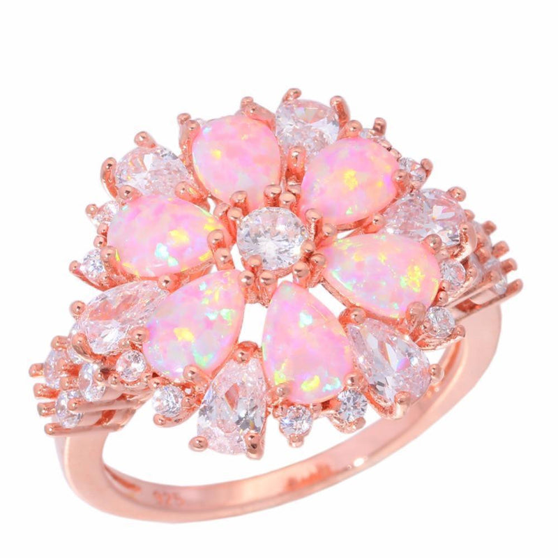 Elegant Rose Gold Floral Pink Fire Opal Ring with CZ Inlay - Lucid Fantasy 