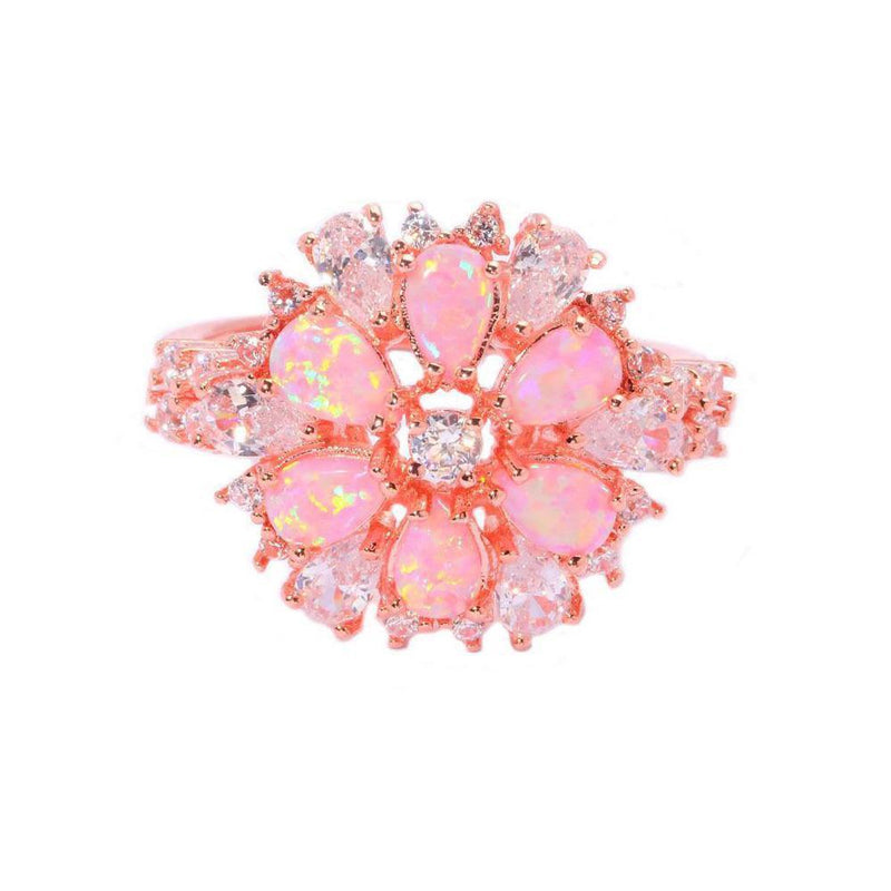 Elegant Rose Gold Floral Pink Fire Opal Ring with CZ Inlay - Lucid Fantasy 