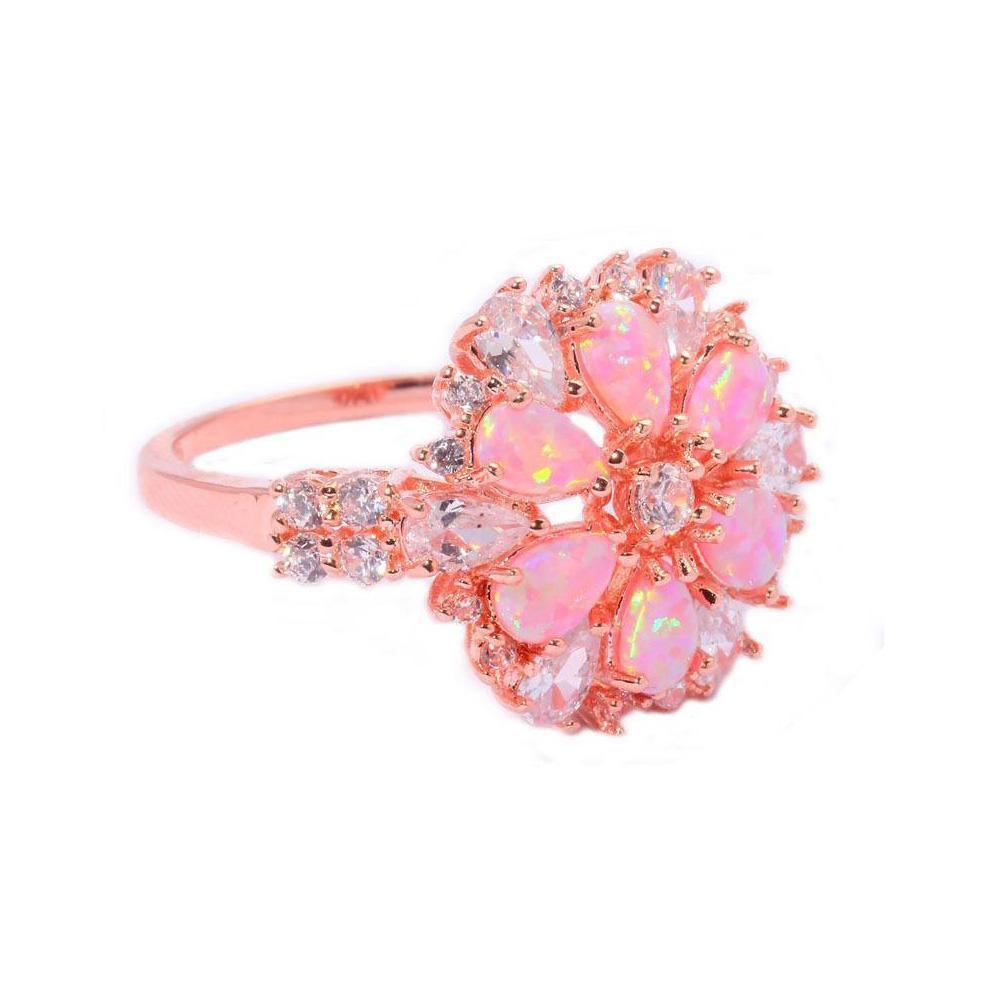 Elegant Rose Gold Floral Pink Fire Opal Ring with CZ Inlay - Lucid Fantasy 