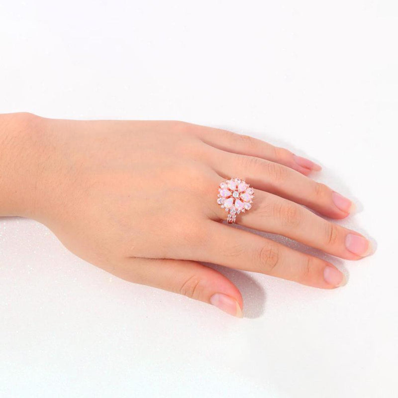 Elegant Rose Gold Floral Pink Fire Opal Ring with CZ Inlay - Lucid Fantasy 