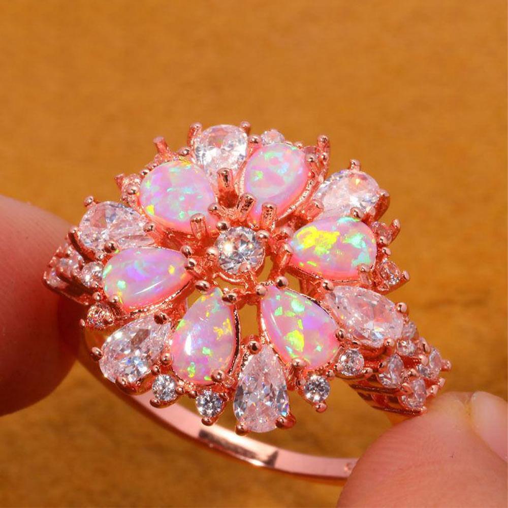 Elegant Rose Gold Floral Pink Fire Opal Ring with CZ Inlay - Lucid Fantasy 