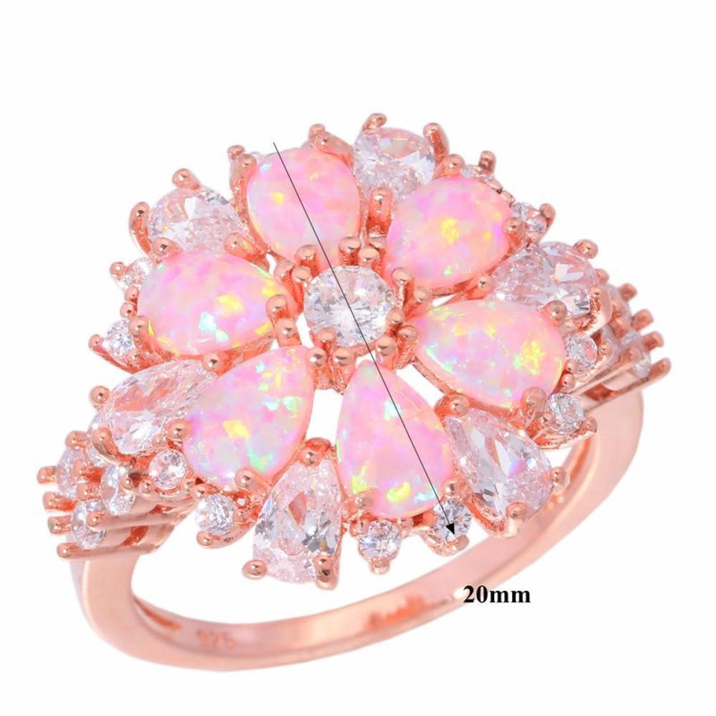 Elegant Rose Gold Floral Pink Fire Opal Ring with CZ Inlay - Lucid Fantasy 