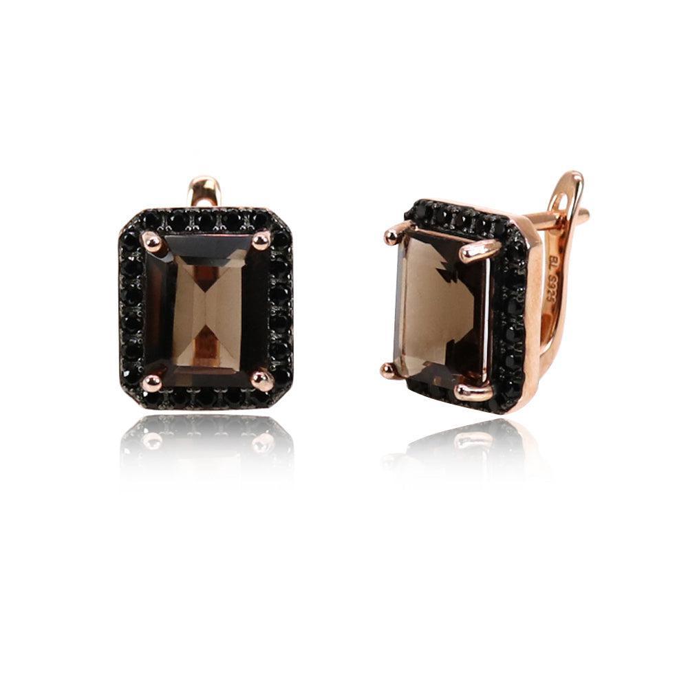 Elegant Sterling Silver and Rose Gold Dangle Earrings with Smoky Quartz and Black Spinel - Lucid Fantasy 