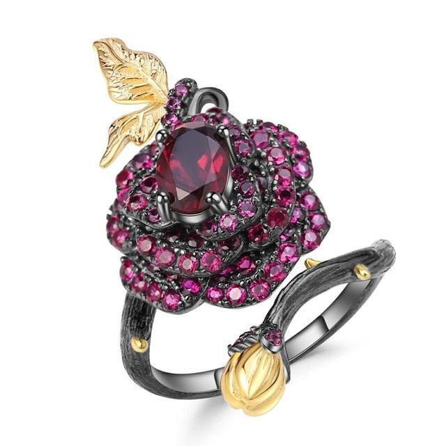 Elegant Sterling Silver Black Rose Butterfly Multi-Gem Wrap Ring - Lucid Fantasy 