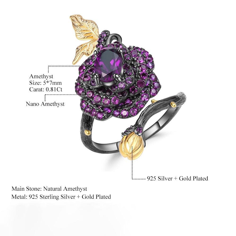 Elegant Sterling Silver Black Rose Butterfly Multi-Gem Wrap Ring - Lucid Fantasy 