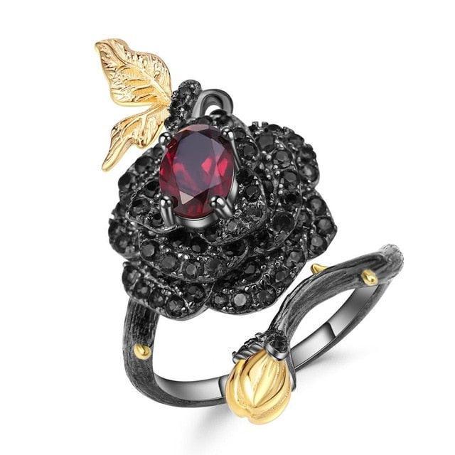 Elegant Sterling Silver Black Rose Butterfly Multi-Gem Wrap Ring - Lucid Fantasy 