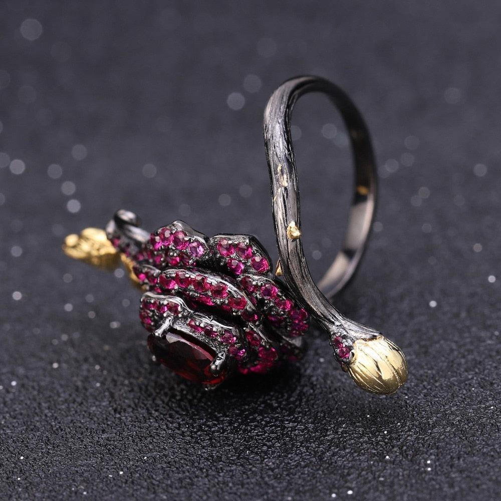 Elegant Sterling Silver Black Rose Butterfly Multi-Gem Wrap Ring - Lucid Fantasy 