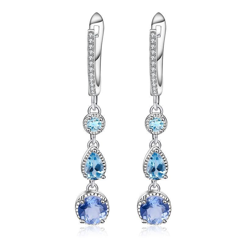 Elegant Sterling Silver Dangle Earrings with Mixed Stones and CZ Inlay - Lucid Fantasy 