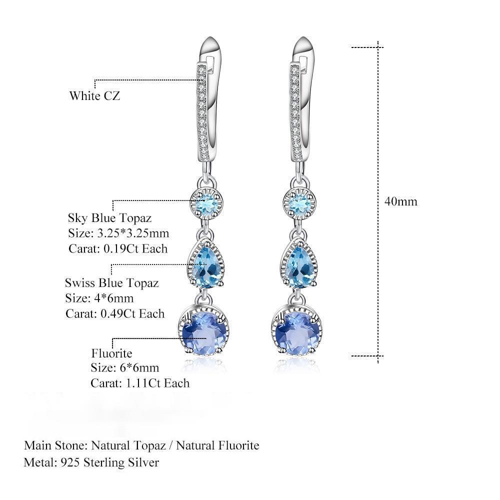 Elegant Sterling Silver Dangle Earrings with Mixed Stones and CZ Inlay - Lucid Fantasy 