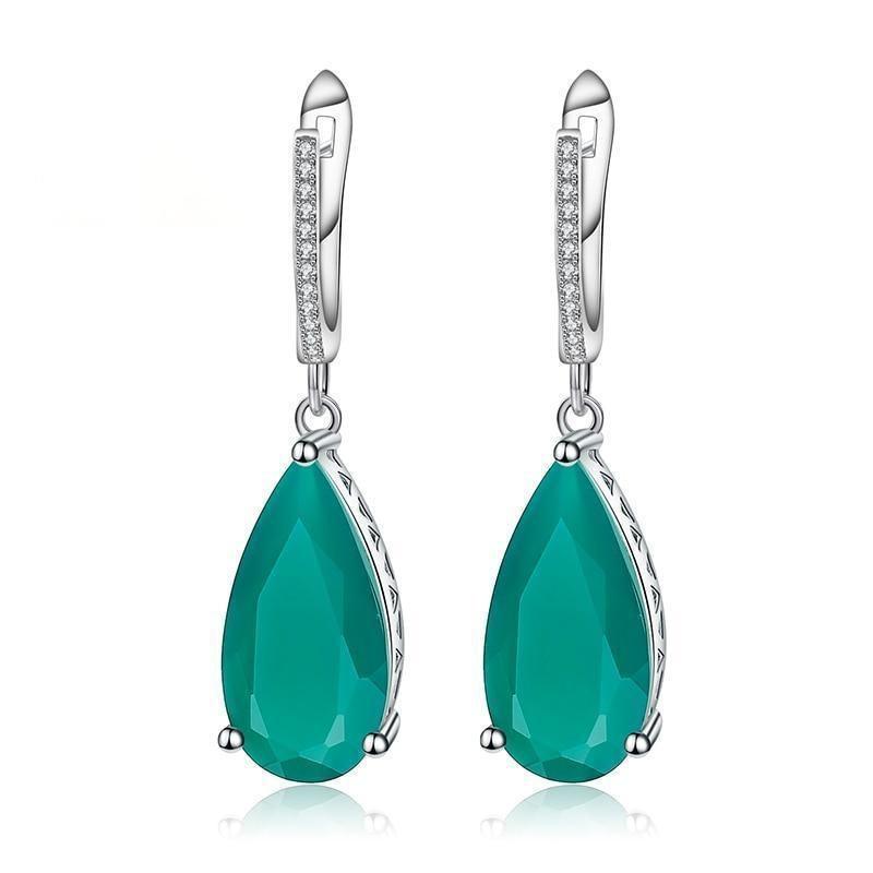 Elegant Sterling Silver Green Agate Drop Earrings with Cubic Zirconia - Lucid Fantasy 